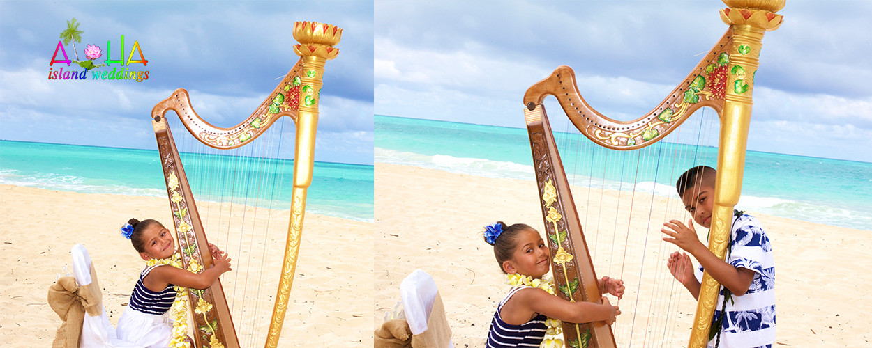 Flower girl playing a golden harp at her mom's 10-year vow renewal on the beach